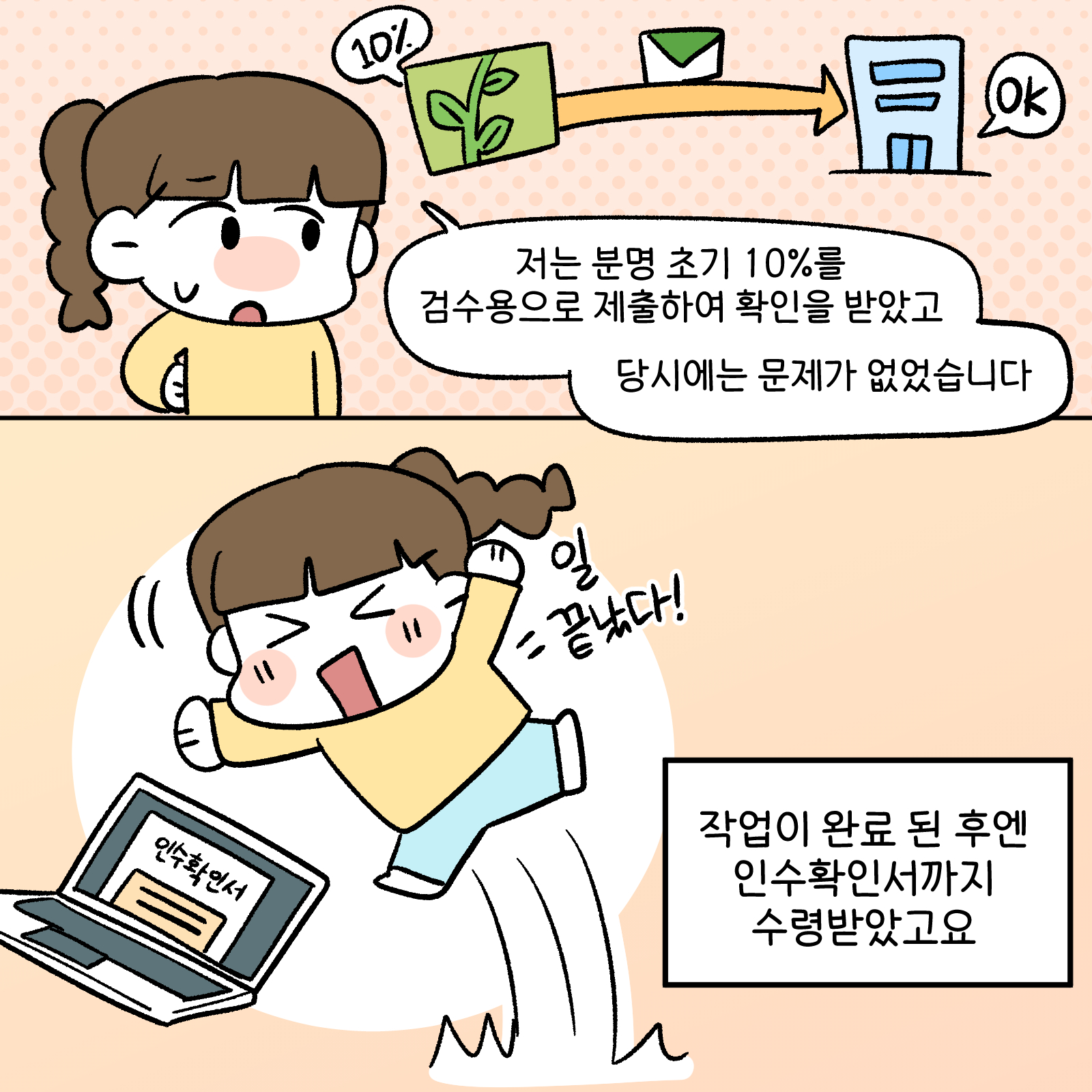 저는 분명 초기 10%를 검수용으로 제출 하여 확인을 받았고 당시에는 문제가 없었습니다. 작업이 완료 된 후엔 이눗 확인서까지 수령받았고요